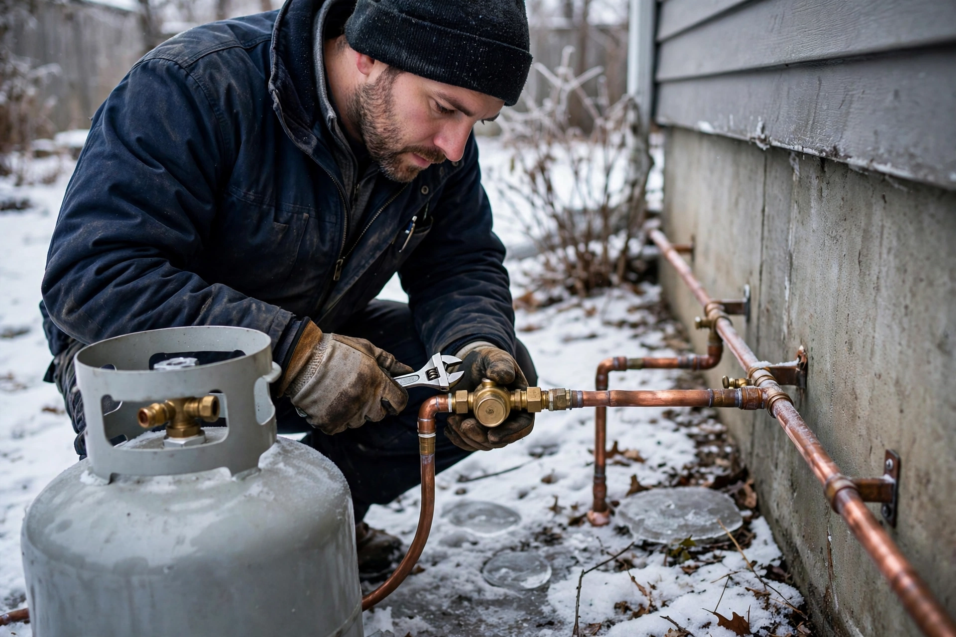 Technician checking a propane regulator and copper line beside a house